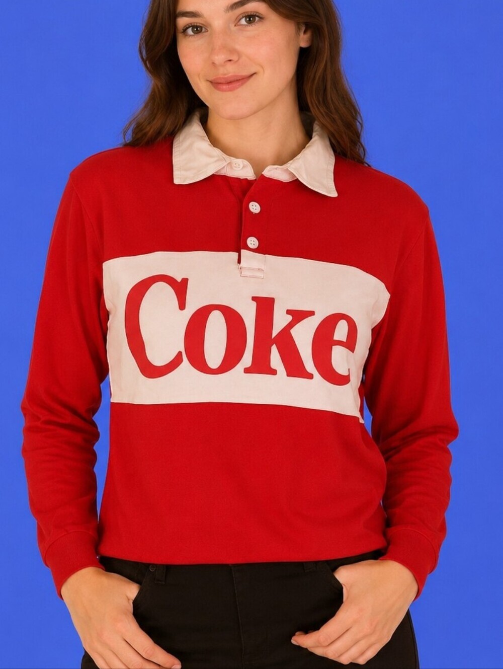 Coca-cola Retro Logo Tomato Red Long Sleeve Collared 2018 Rugby Shirt